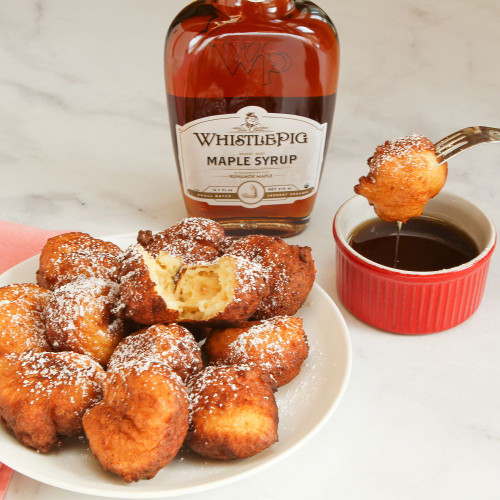 Whistle Pig Rye Whiskey Barrel-aged Maple Syrup with pancake bites