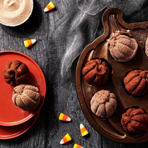 Pumpkin doughnuts made with the  Pumpkin Doughnut Mix and Lil Pumpkin Cakelette Pan Set