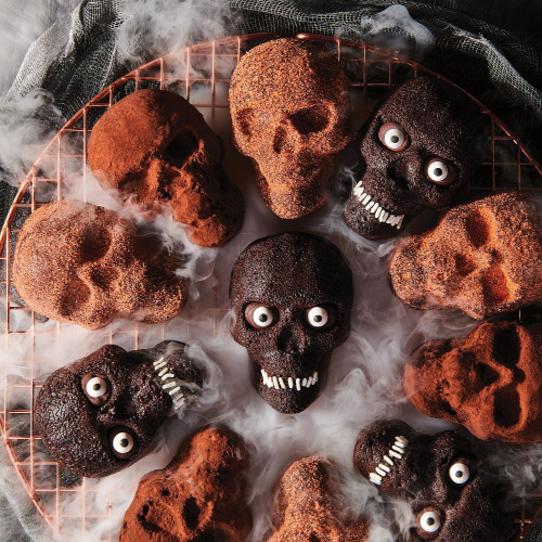 Cakes made with Chocolate Cake Mix and Haunted Skull Cakelette Pan Set