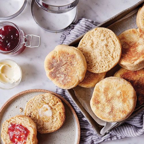 English muffins with jam and butter