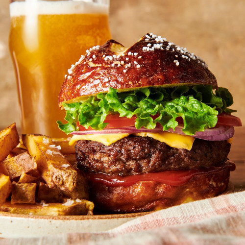 Cheeseburger with pretzel bun made with Soft & Chewy Pretzel Bites Mix