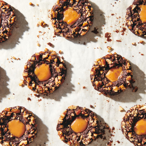 chocolate caramel thumbprint cookies made with Caramel Baking Block