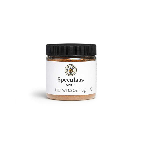 Speculaas Spice in a clear jar, white label and black screw on lid