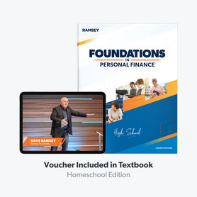 An image of the Foundations in Personal Finance: Homeschool Edition textbook and an ipad screen with Dave Ramsey teaching on it.