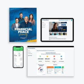 Financial Peace University (FPU) product screenshots, EveryDollar budgeting app screenshot on a mobile phone, the FPU physical workbook and the Church Impact