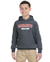 Dark Heather Youth Hoodie with Monmouth Park Varsity Logo