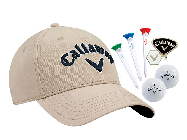 A Callaway golf hat, golf tees, and golf balls.