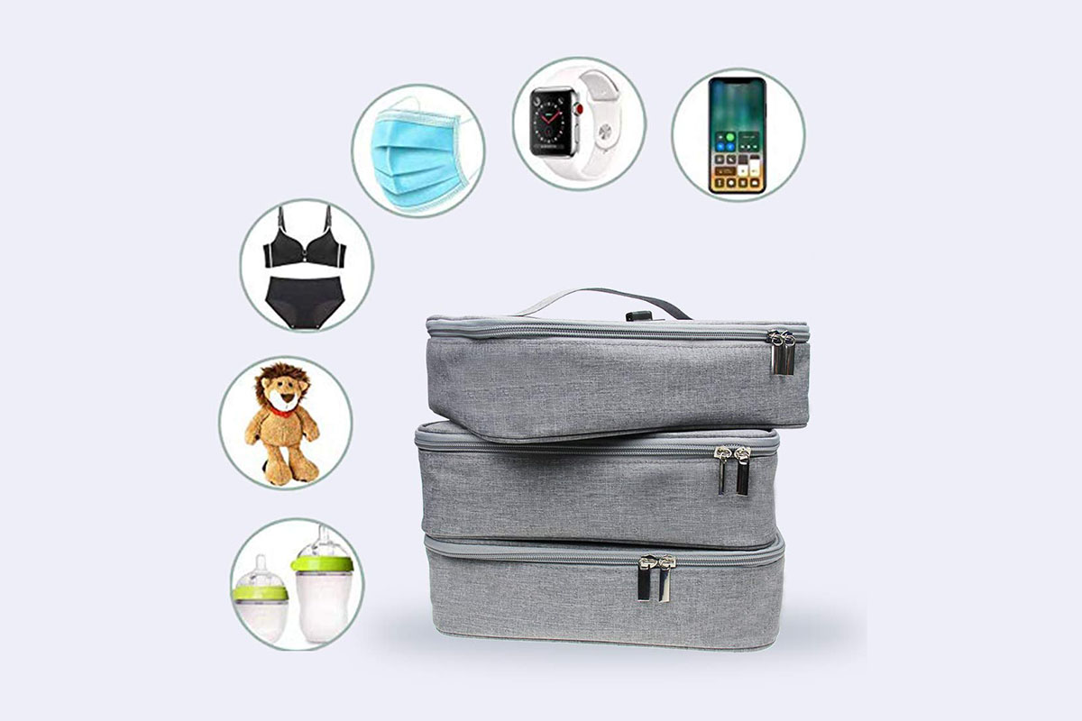 Three accessory bags with UV sanitizing capabilities, with floating objects that the bags can clean, including a phone, a smart watch, a face mask, a bikini, a doll and sippy cups