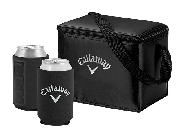 A black Callaway cooler bag, and two cans in black Callaway coozies. 