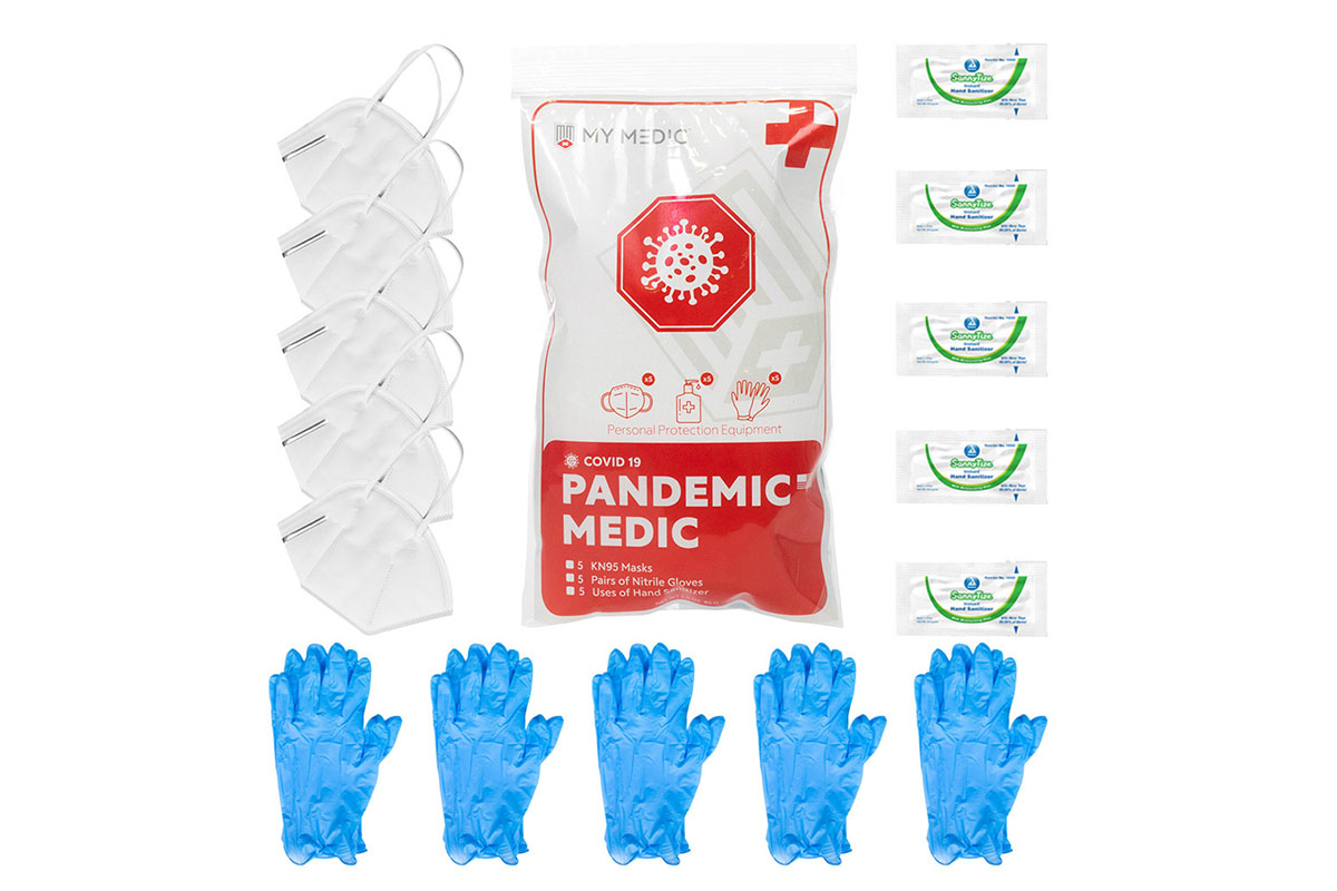 Face masks, nitrile gloves, and hand sanitizing wipes