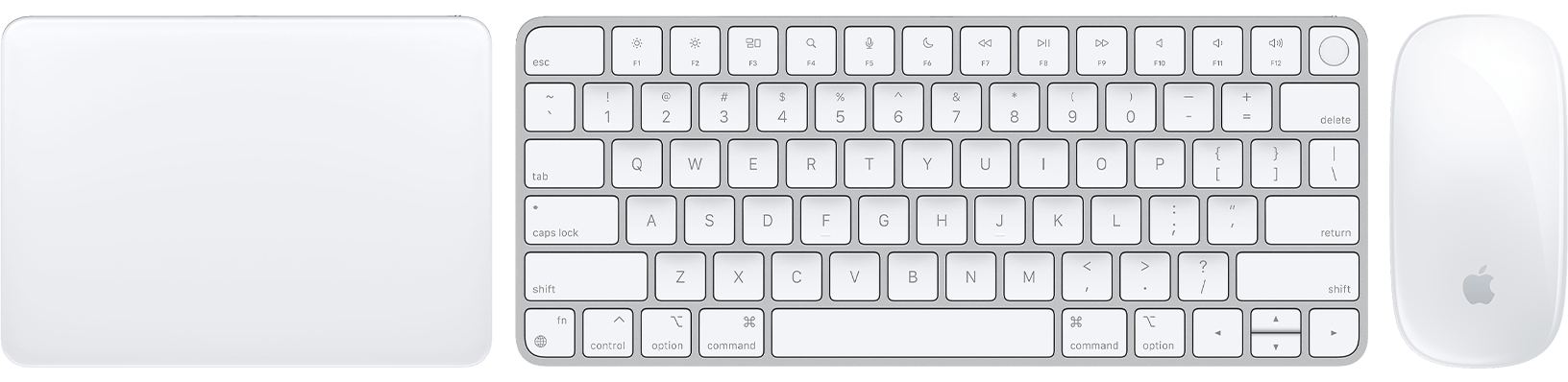 vues de dessus du Magic Trackpad, du Magic Keyboard avec Touch ID et de la Magic Mouse