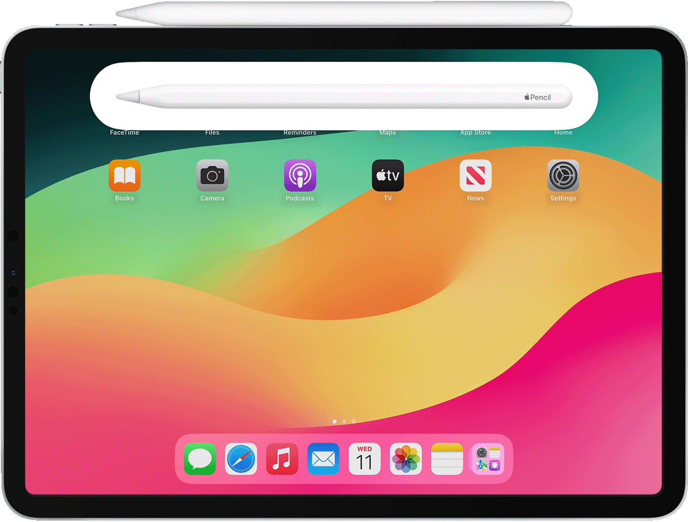 iPad mit magnetisch befestigtem Apple Pencil, auf dem der iOS 17 Home-Bildschirm zu sehen ist