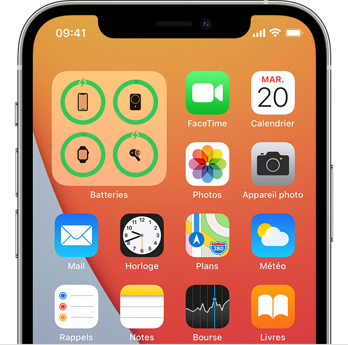 Capture d’écran illustrant le widget Batteries sur l’écran d’accueil sous iOS 
