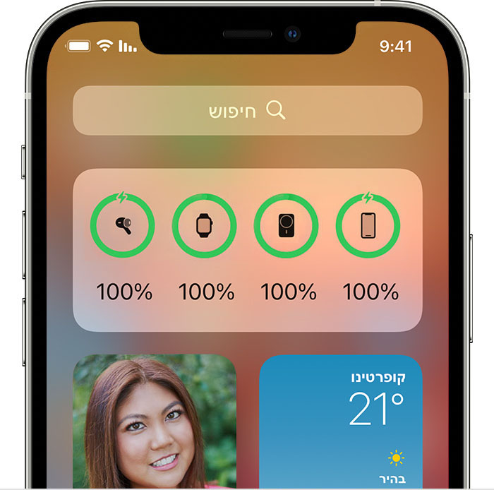 צילום מסך של iOS שבו נראה הווידג'ט 'סוללות' בתצוגת 'היום' 