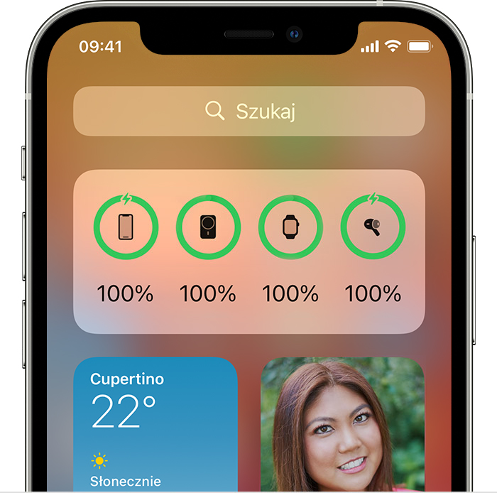 Zrzut ekranu z systemu iOS przedstawiający widżet Baterie w widoku Dzisiaj. 