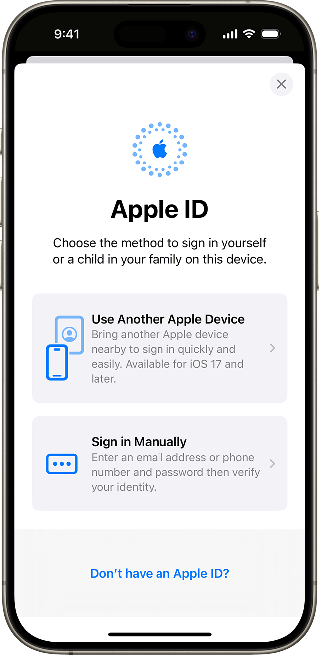 В настройках iPhone можно вручную войти в систему с помощью идентификатора Apple ID или другого устройства Apple.