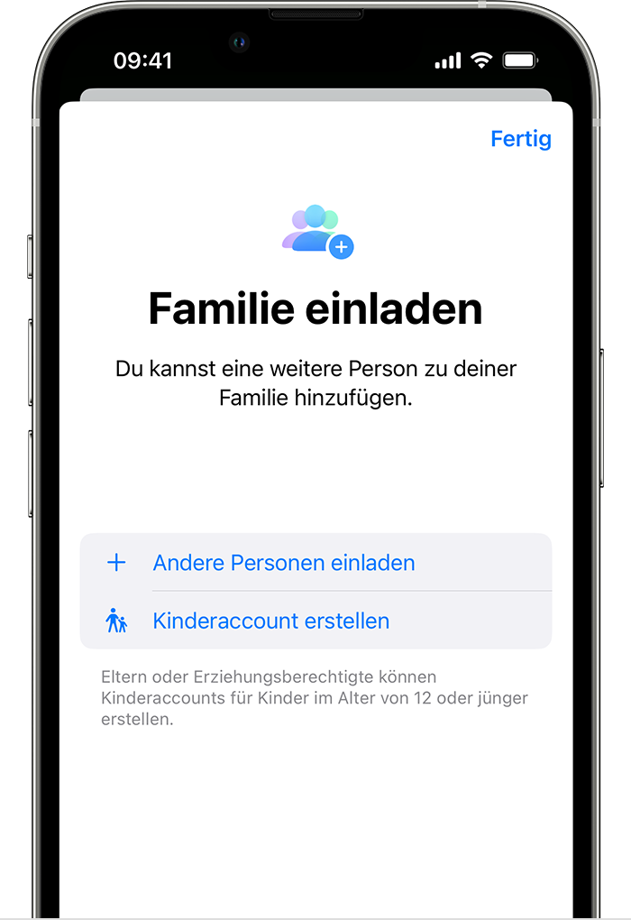 Die Option "Kinderaccount erstellen" befindet sich direkt unter der Option "Andere Personen einladen". 