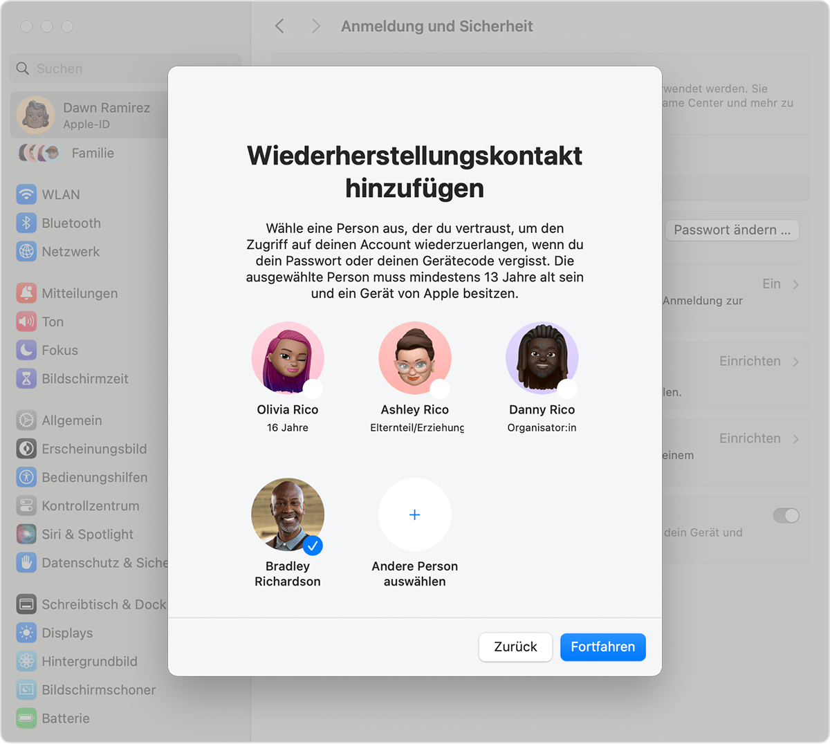 Mac-Bildschirm mit Kontakten, die als Kontakt zur Wiederherstellung hinzugefügt werden können