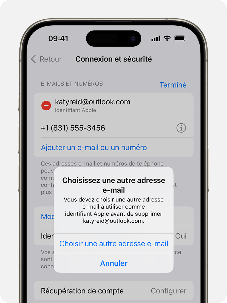 Écran d’iPhone montrant comment modifier l’adresse e-mail associée à votre identifiant Apple 