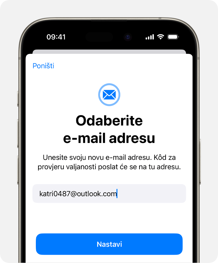 Zaslon iPhone uređaja koji pokazuje kako promijeniti e-mail adresu za Apple ID