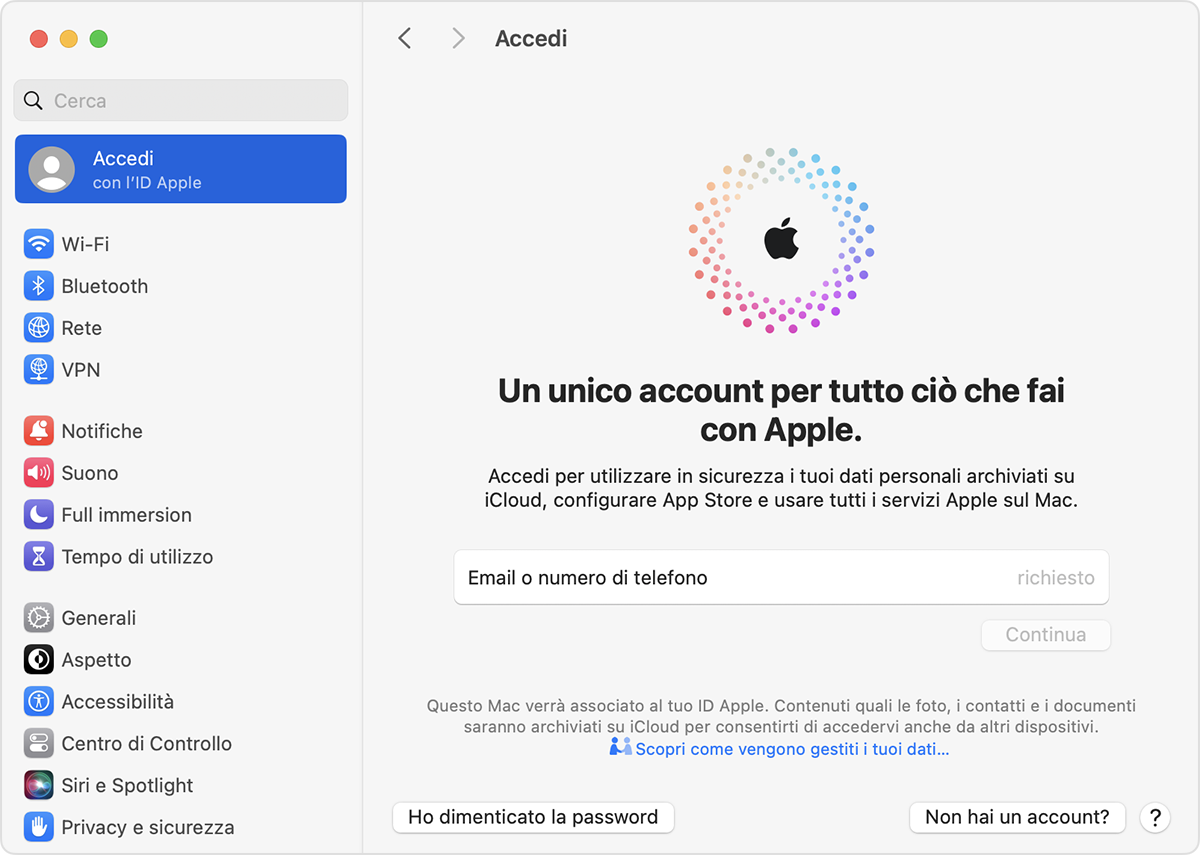 Effettuare l'accesso con l'ID Apple su Mac