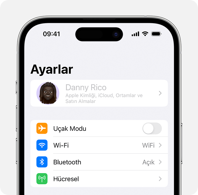 Ayarlar'ın üst kısmında sahibin adının gri renkte gösterildiği iPhone.