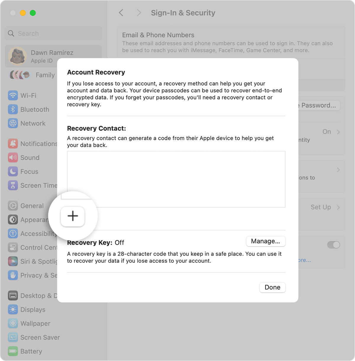 Mac screen showing how to add a Recovery Contact