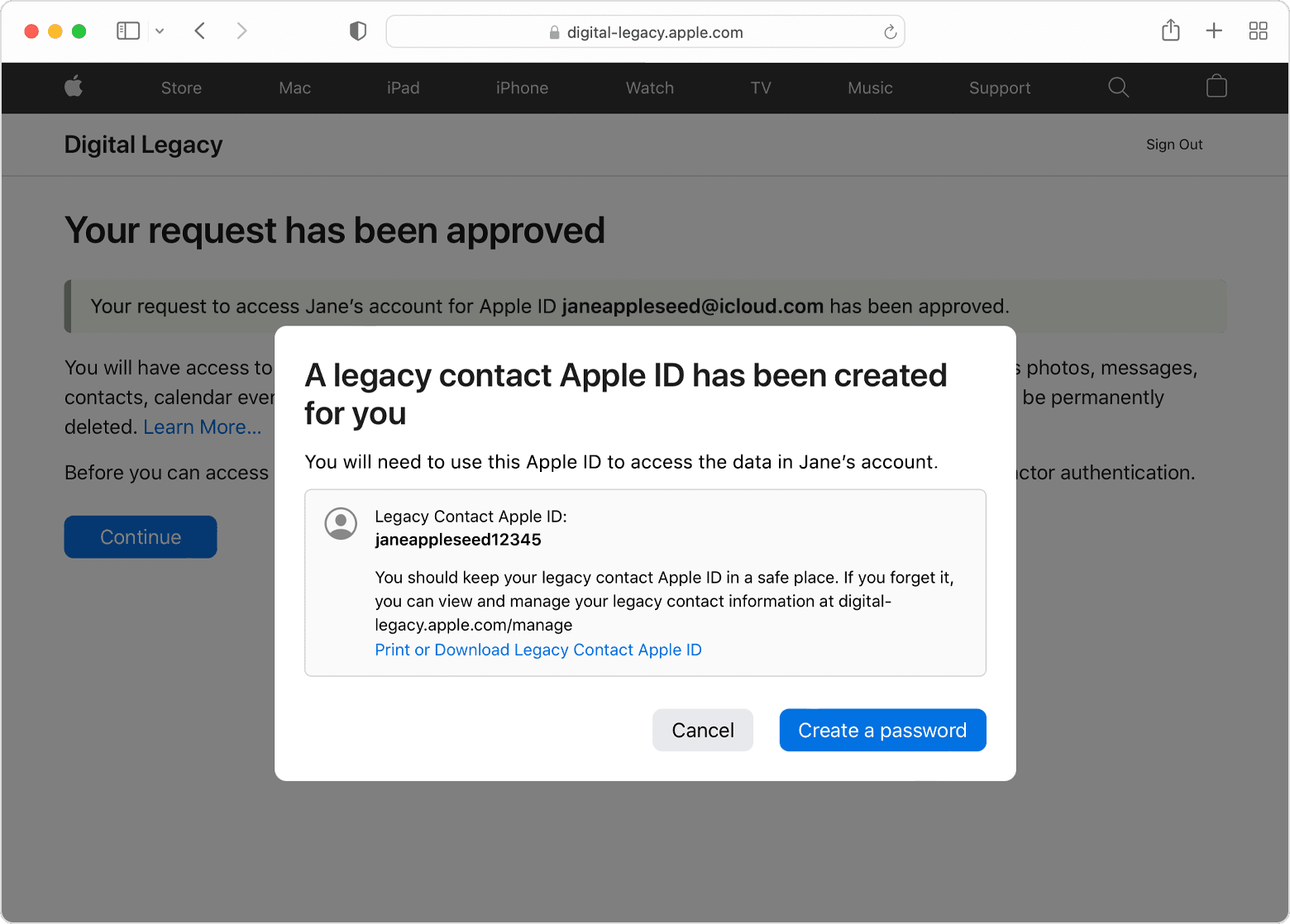 Nakon što se vaš zahtjev za Kontakt za nasljeđivanje odobri, u poruci ćemo vas obavijestiti da je Apple ID kontakta za nasljeđivanje izrađen samo za vas. Taj Apple ID kontakta za nasljeđivanje možete ispisati ili preuzeti, a možete i dodirnuti plavi gumb Izradi lozinku.