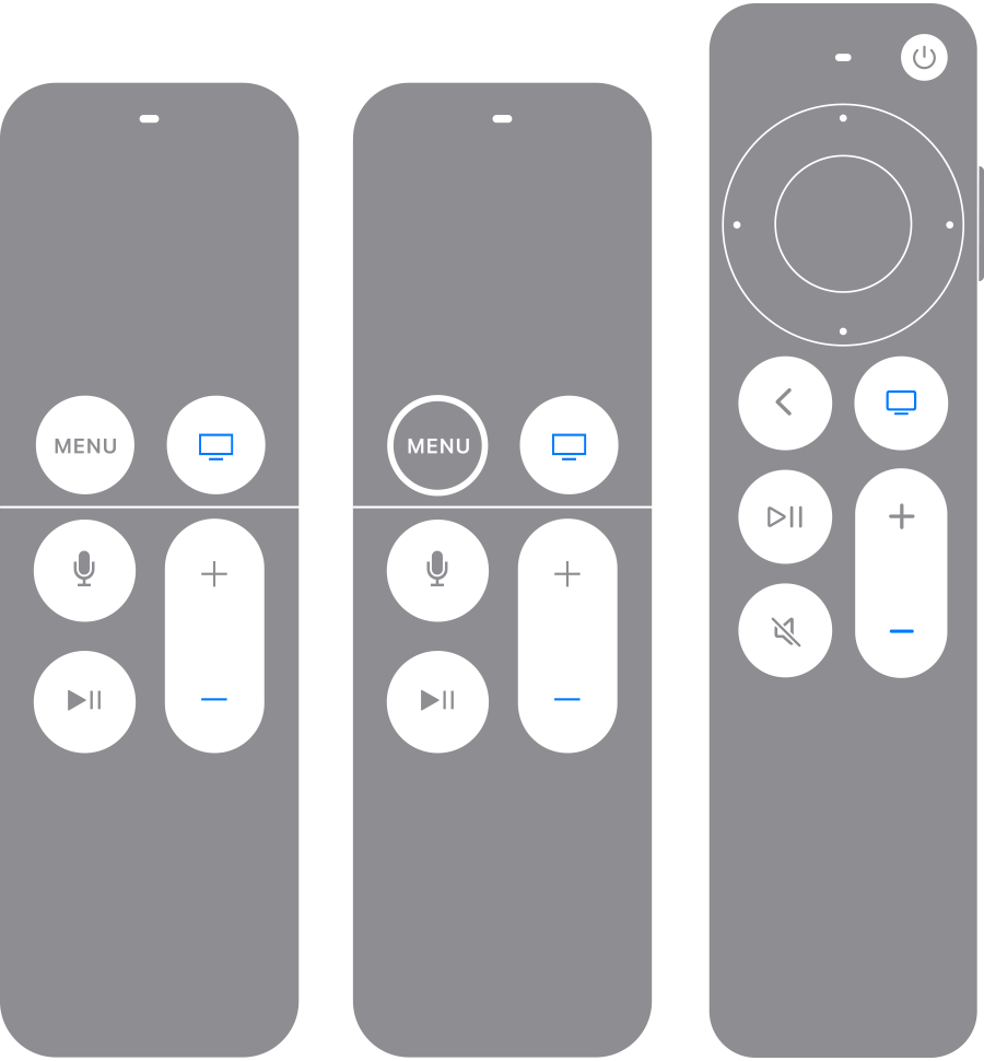 Telecomenzile Apple TV cu butonul TV/Centru de control și butonul Micșorare volum evidențiat în albastru