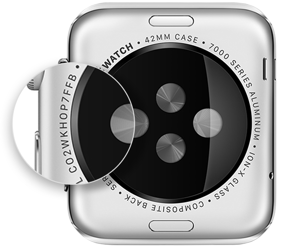 Serijski broj na poleđini Apple Watch uređaja.