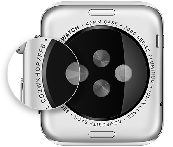 Número de serie en la parte posterior del Apple Watch.