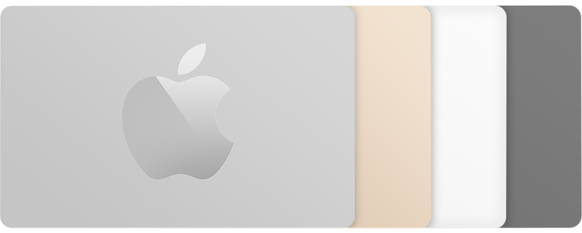 Apple Store-gavekort i en række farver, herunder sølv, guld, hvid og grå.