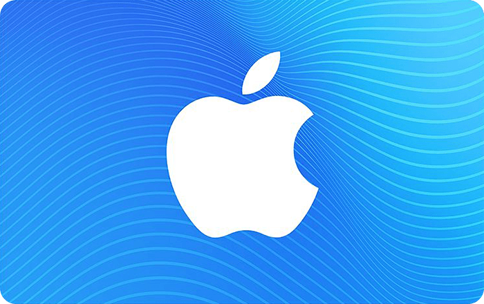 App Store & iTunes-gavekort, der viser et hvidt Apple-logo på blå baggrund med et bølget mønster.
