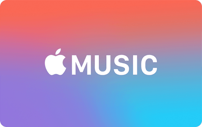 A parte frontal de um vale-oferta da Apple Music. É cor-de-rosa, roxo e azul com um logótipo Apple Music branco.