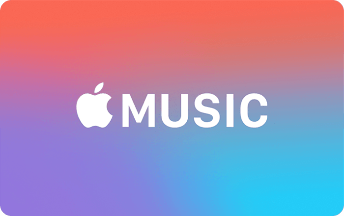 The front of an Apple Music Gift Card. It's pink, purple and blue with a white Apple Music logo on it.