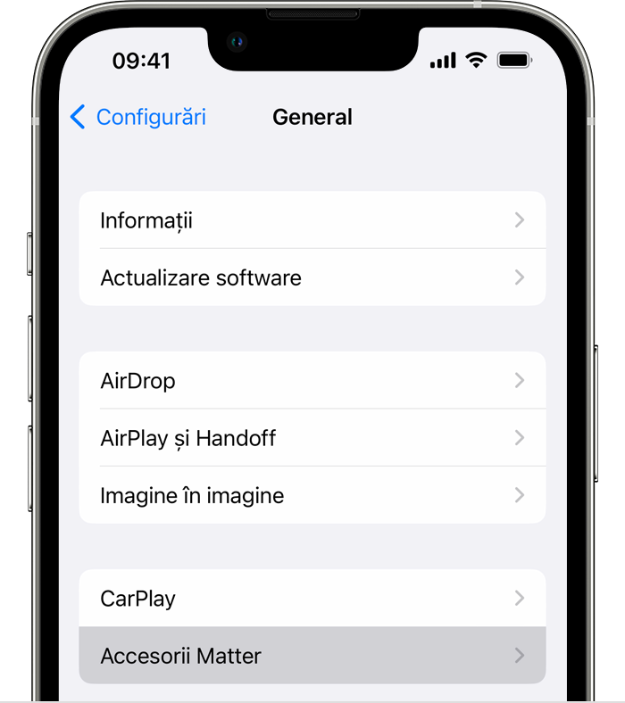 Accesorii Matter în Configurări > General pe iPhone