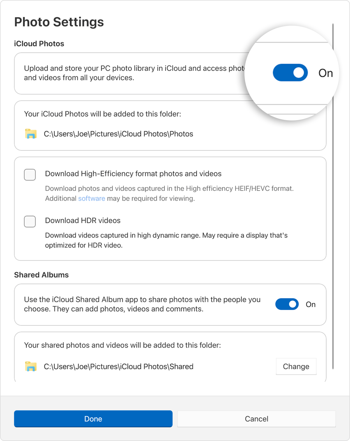 Turn on the toggle below Photo Settings, iCloud Photos.