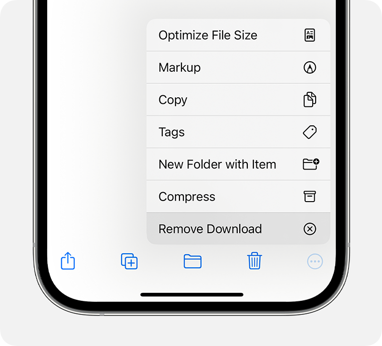 An iPhone showing the popup menu options, highlighting the Remove Download option.