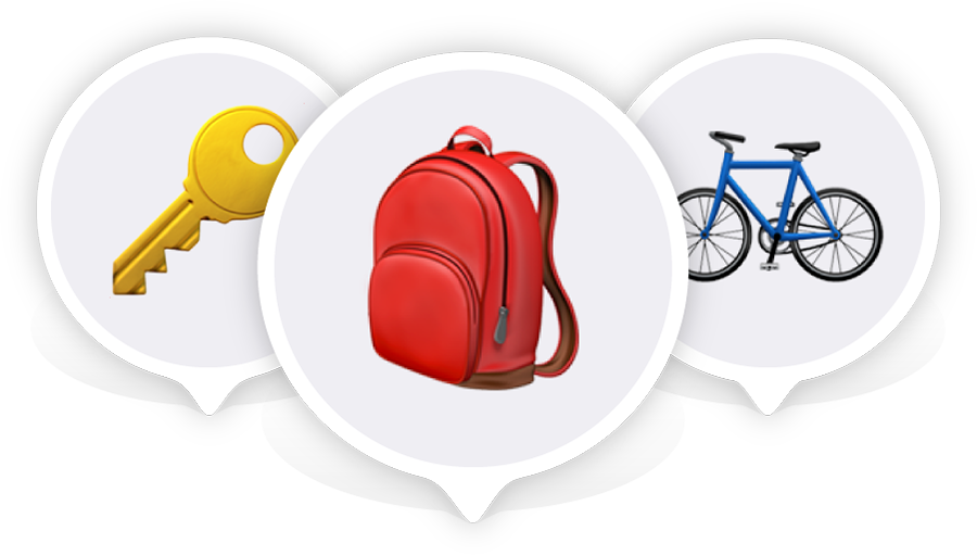Emoji de chave, emoji de mochila e emoji de bicicleta, cada um deles em um pino de localização.