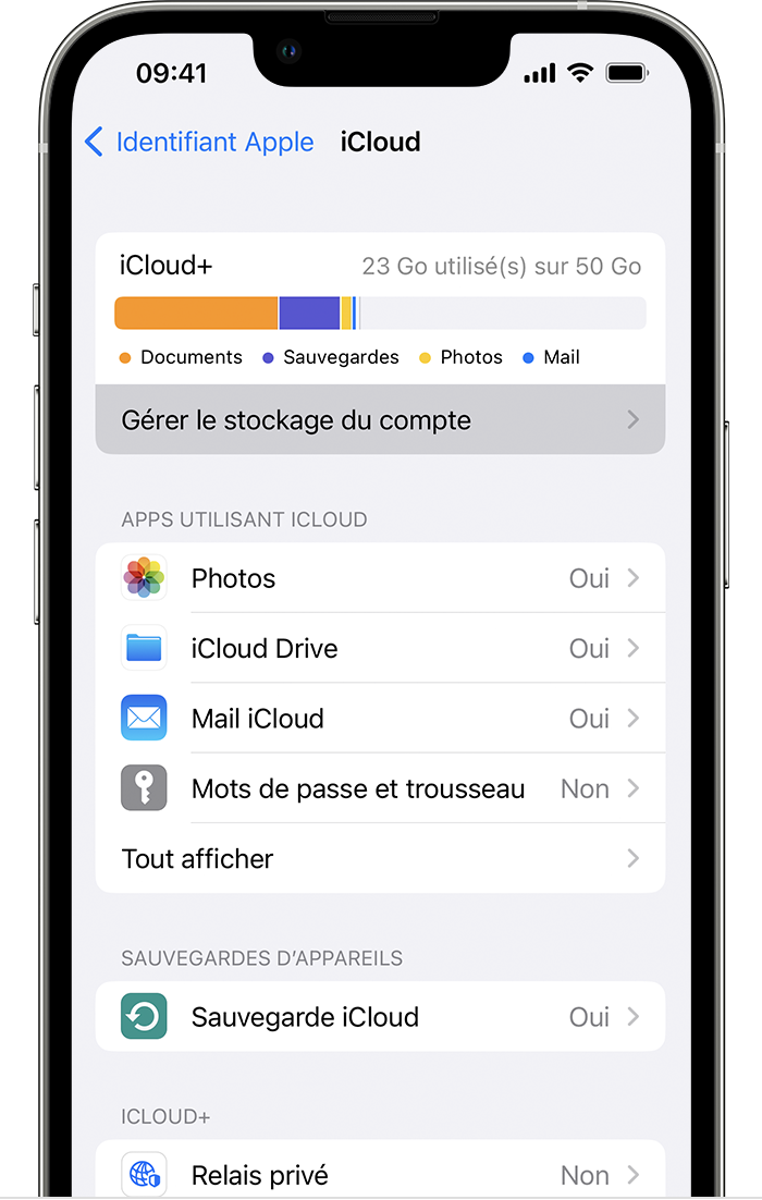 ios-16-iphone-13-pro-réglages-identifiant-apple-stockage-icloud-option-gérer-stockage-sélectionnée