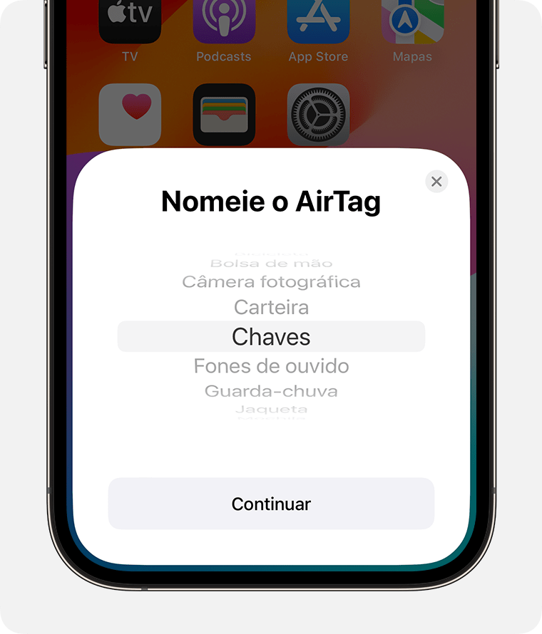 Escolha um nome na lista para o AirTag ou crie um nome personalizado.