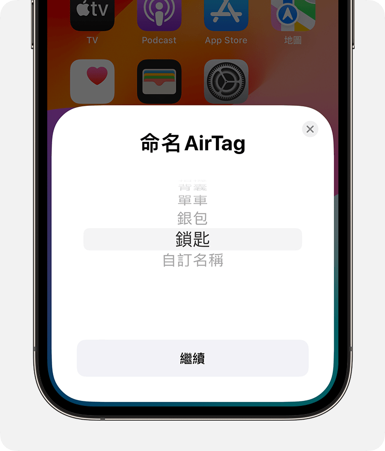 從 AirTag 列表中挑選名稱，或建立自訂名稱。