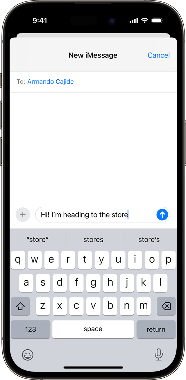 iPhonen näyttö, jossa näkyy ennakoivaa tekstiä, kun sana kirjoitetaan Viestit-apissa.