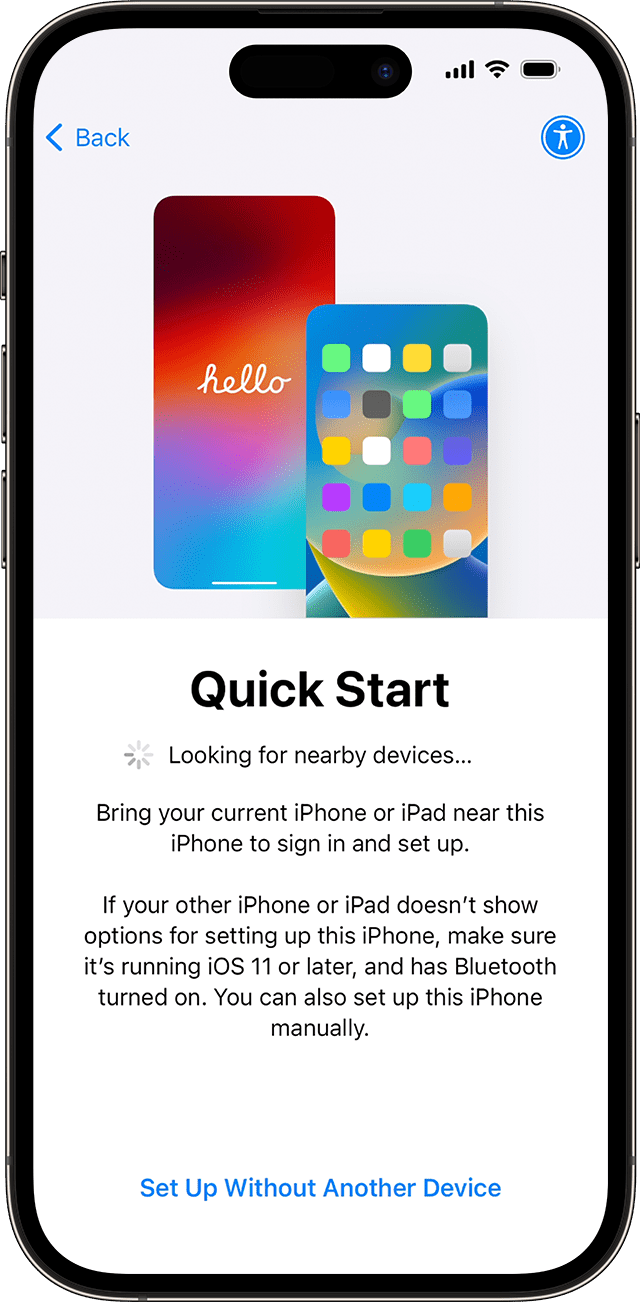 Operatsioonisüsteemis iOS 17 saate seadistada oma uue iPhone’i teise seadme abil, kasutades funktsiooni Quick Start (Kiirkäivitus).