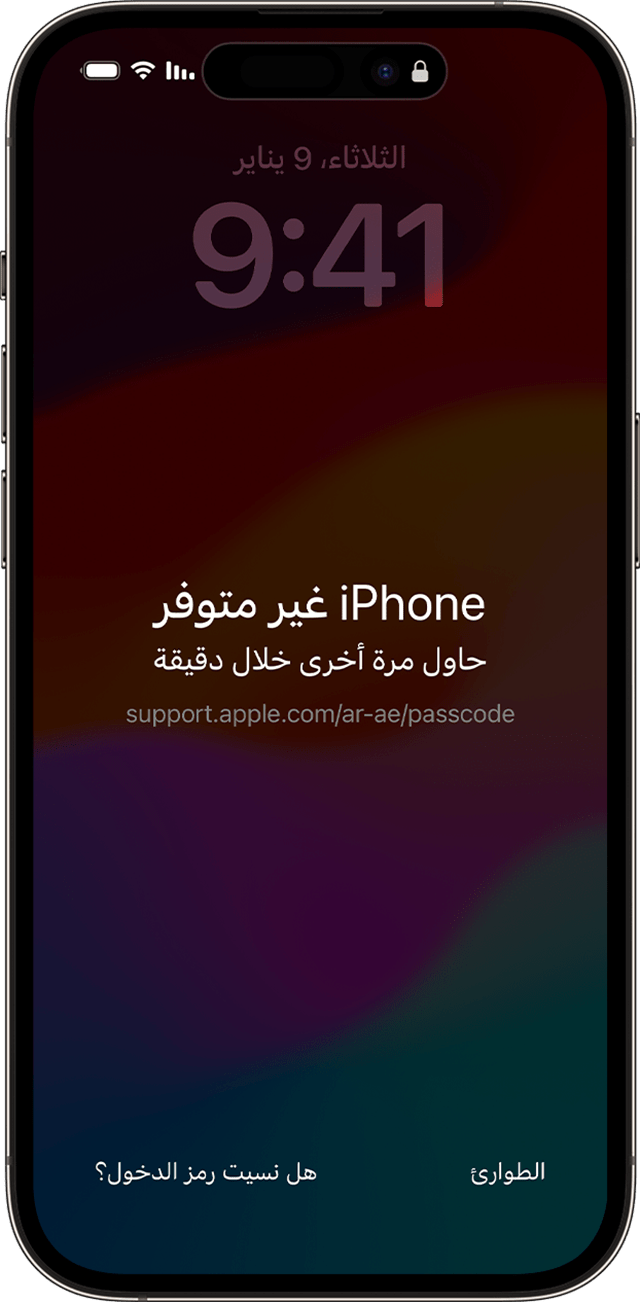 عند قفل iPhone، يمكنك البدء في إعادة تعيين جهازك عند الضغط على "هل نسيت رمز الدخول؟"