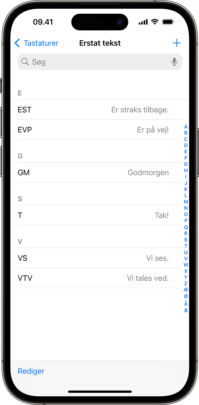 En liste over tekstgenveje, der er indstillet til brug på din iPhone.