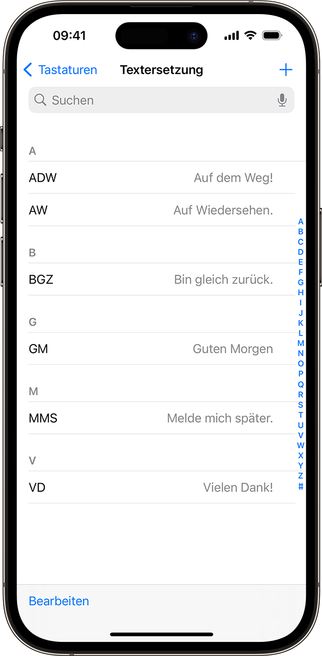 Eine Liste mit Textkurzbefehlen, die für die Verwendung auf dem iPhone eingerichtet sind.