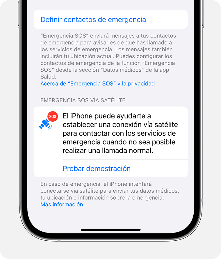 En Ajustes del iPhone, prueba la demo de Emergencia SOS vía satélite para practicar la conexión a un satélite.