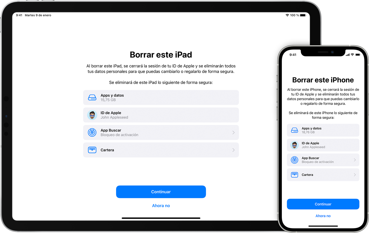 Un iPad y un iPhone que muestran los elementos que se eliminan si borras el contenido del dispositivo