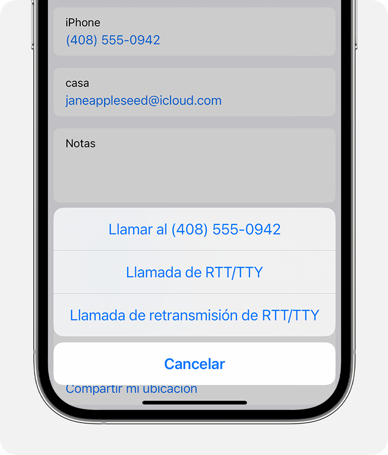 Pantalla del iPhone en la que se muestra el menú para seleccionar una llamada RTT/TTY o una llamada de retransmisión RTT/TTY